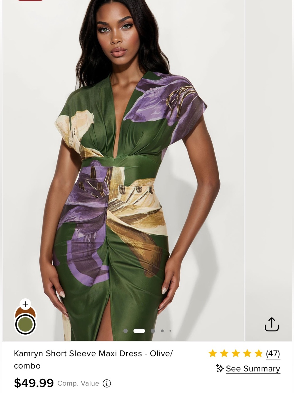 Fashion Nova Olive Floral Combo Short Sleeve Maxi Dress